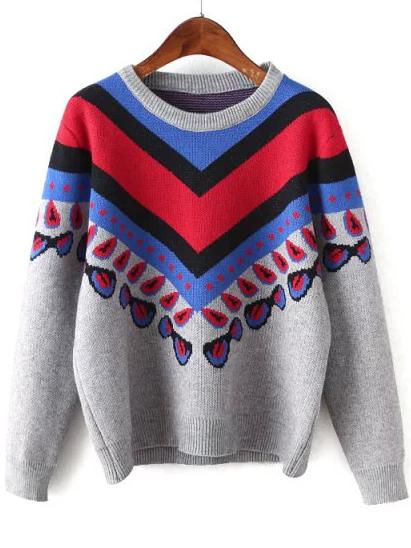 Romwe Women Vintage Print Grey Sweater