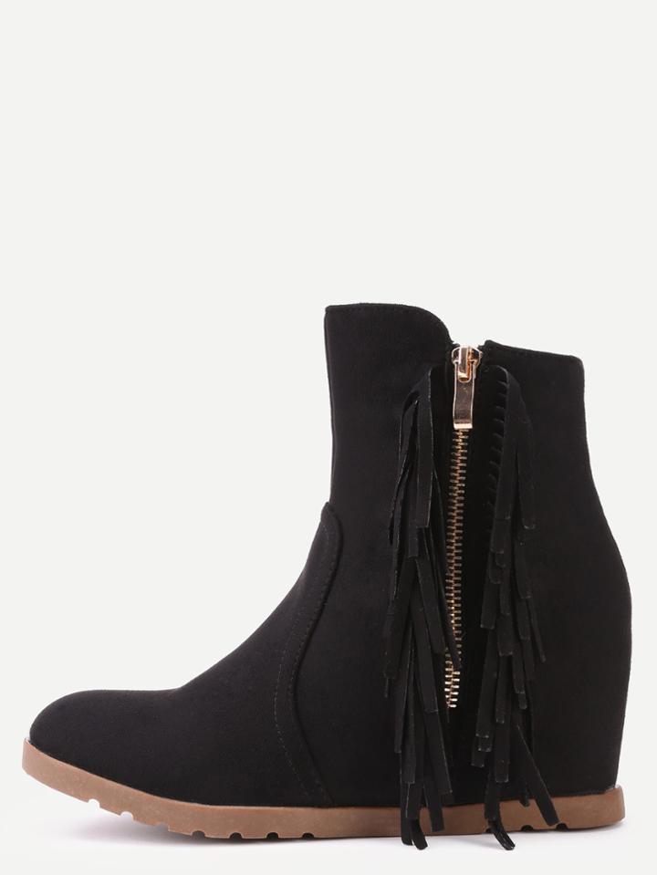 Romwe Black Faux Suede Tassel Trim Hidden Wedge Boots