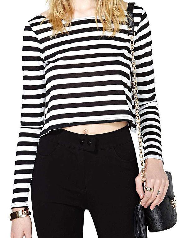 Romwe Long Sleeve Striped Crop T-shirt