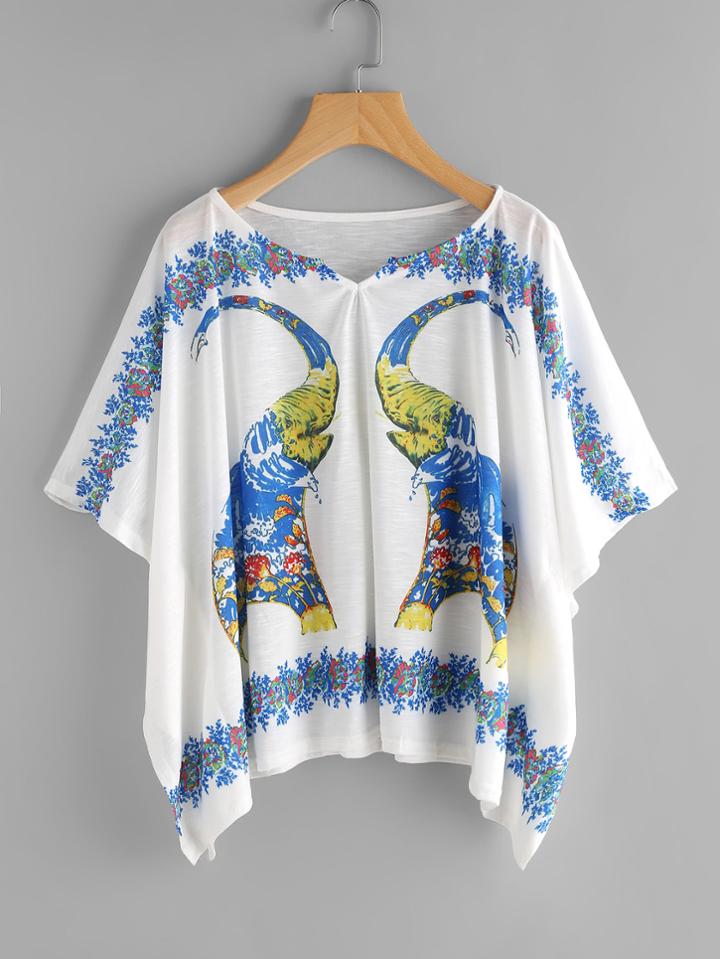 Romwe Elephant Print Batwing Sleeve Top