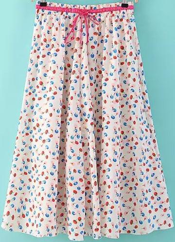 Romwe Elastic Waist Cherry Print Pleated Skirt