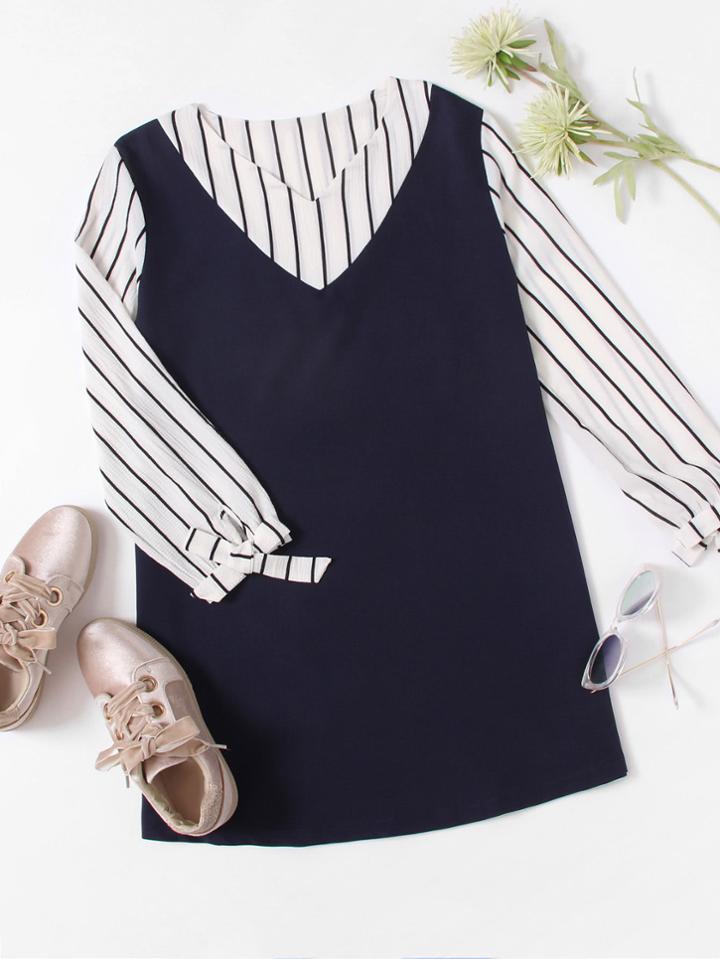 Romwe V Neckline Striped Bow Tie Cuff Dress