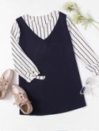 Romwe V Neckline Striped Bow Tie Cuff Dress