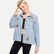 Romwe Letter Print Figure Applique Ripped Denim Jacket