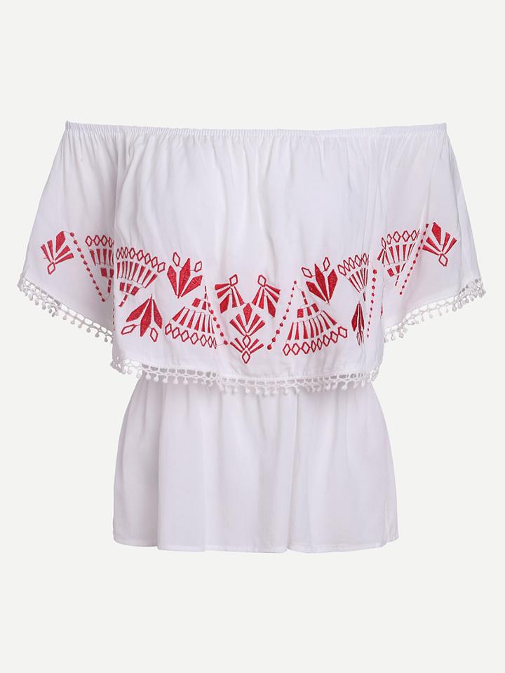 Romwe White Off-the-shoulder Embroidery Top