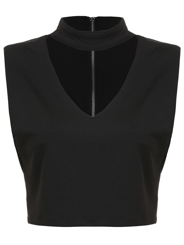 Romwe High Neck V Cut Tank Top With Back Zipper