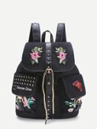 Romwe Applique And Studded Embellished Denim Backpack