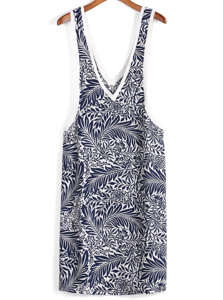 Romwe Deep V Neck Leaves Print Tank Dress