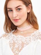 Romwe Pink Faux Pearl Velvet Lace Layered Choker Necklace