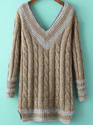 Romwe V Neck Cable Knit Slit Khaki Sweater