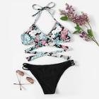 Romwe Botanical Print Laddering Cut Bikini Set