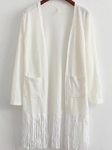 Romwe Open Front Tassel Pockets White Cardigan