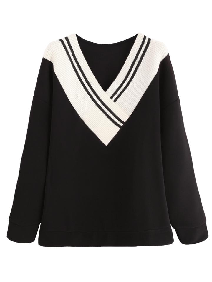 Romwe Black Contrast V Neck Dropped Shoulder Seam Sweater