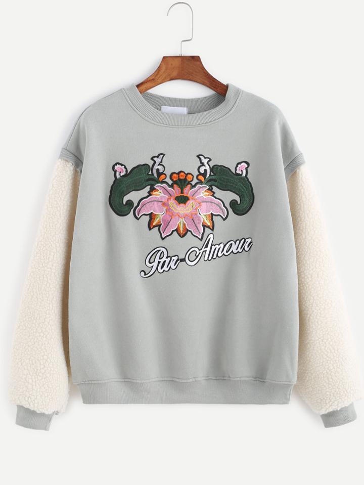 Romwe Contrast Sherpa Sleeve Flower Embroidery Sweatshirt