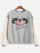 Romwe Contrast Sherpa Sleeve Flower Embroidery Sweatshirt