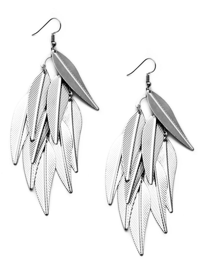 Romwe Silver Plated Leaf Tassel Drop Earrings