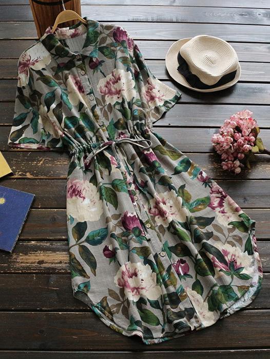 Romwe Floral Print Random Drawstring Waist Shirt Dress
