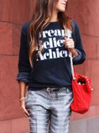 Romwe Navy Round Neck Letters Print Loose Sweatshirt