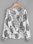 Romwe Damask Print Tie Front Wrap Top