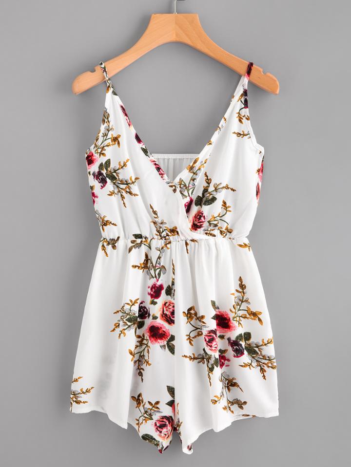 Romwe Surplice Neckline Random Florals Cami Romper