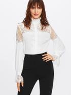 Romwe Frill Neck Floral Lace Shoulder And Cuff Blouse