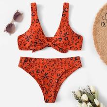 Romwe Leopard Tie Front Scoop Neck Bikini Set