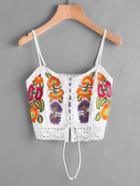 Romwe Embroidered Lace Up Front Lace Hem Crop Top