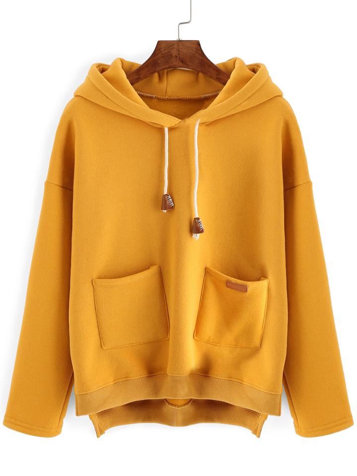 Romwe Hooded Drawstring Dip Hem Split Side Sweatshirt With Pockets