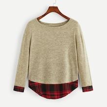 Romwe Contrast Plaid Curved Hem Sweater