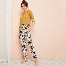 Romwe Button-up Shirt & Bamboo Leaf Pants Pj Set
