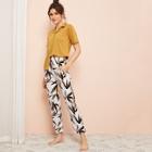 Romwe Button-up Shirt & Bamboo Leaf Pants Pj Set