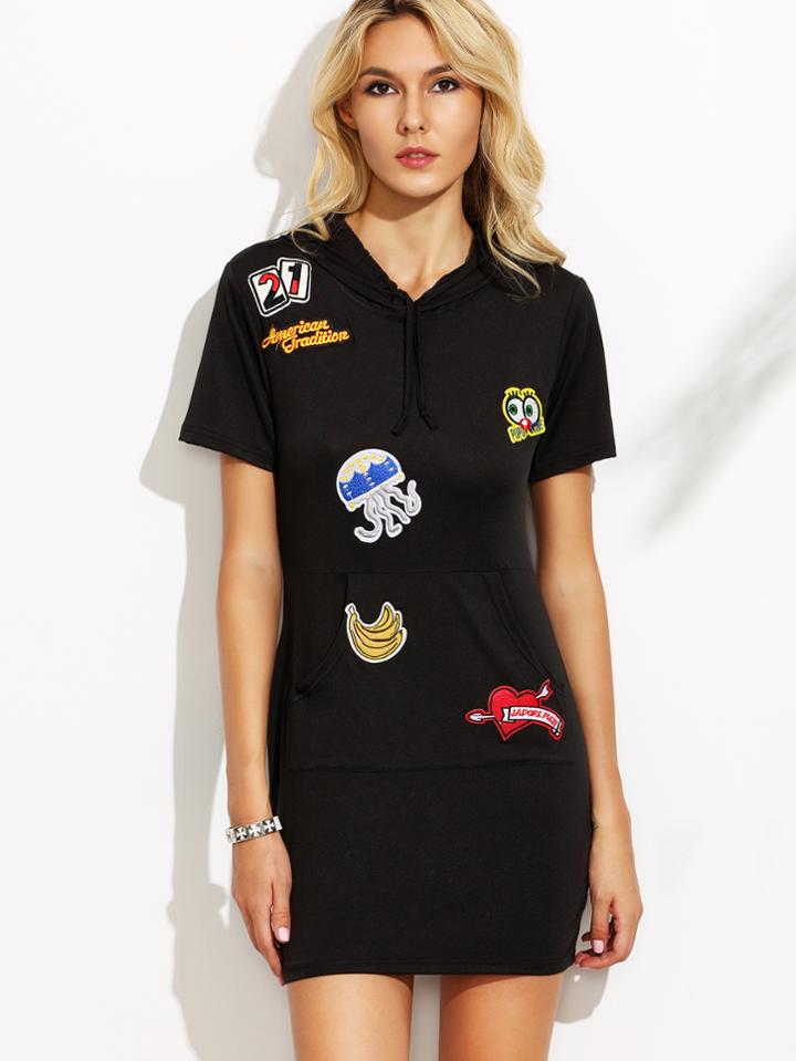 Romwe Black Drawstring Hooded Patches Sheath Dress