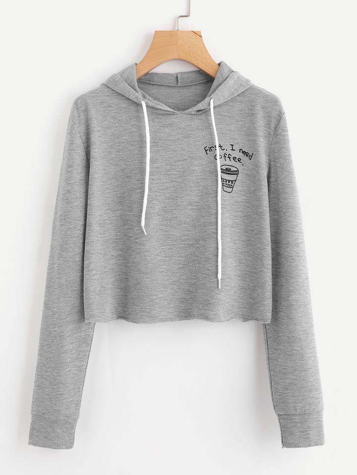 Romwe Coffee Print Slub Hoodie