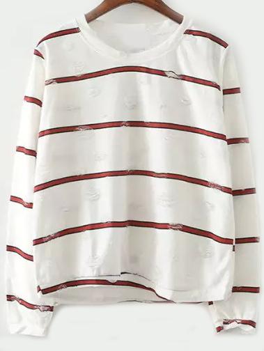 Romwe Striped Ripped T-shirt
