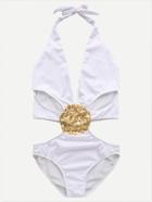 Romwe White Deep V Neck Cutout Sequin Circle Monokini