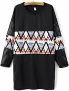 Romwe Geometric Print Black T-shirt With Mesh Sleeve