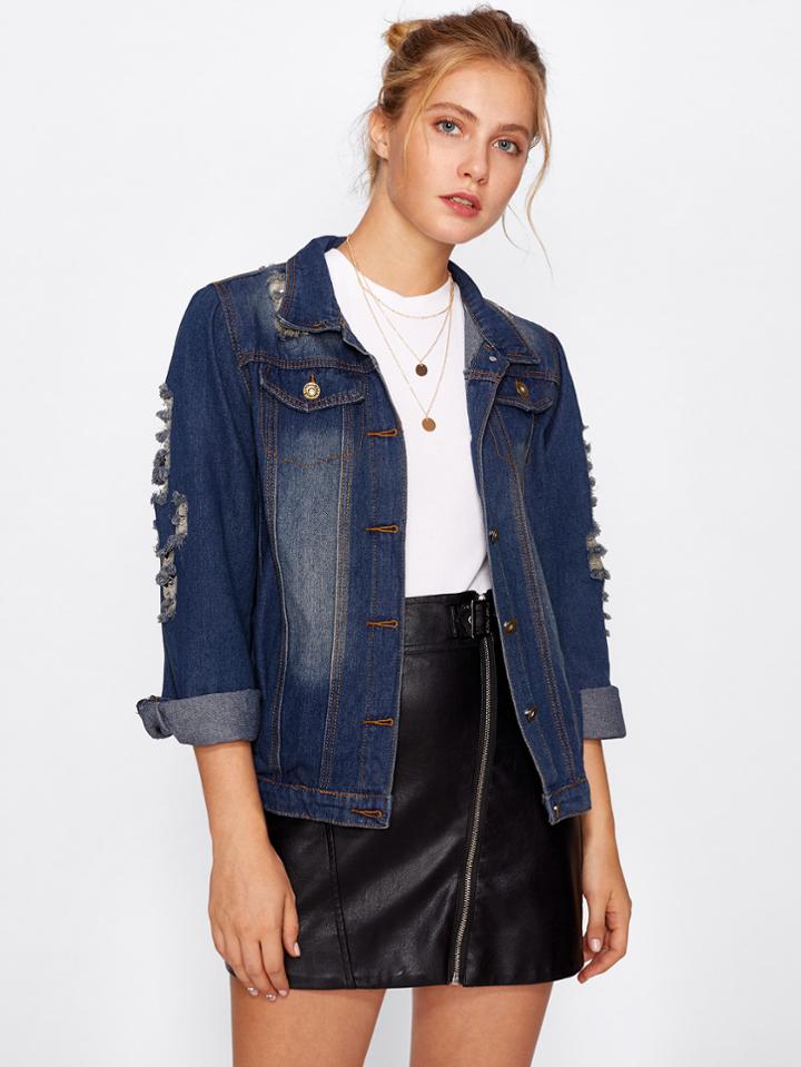 Romwe Bleach Wash Ripped Denim Jacket