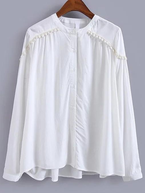 Romwe Long Sleeve White Shirt With Pom Pom