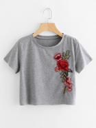 Romwe Embroidered Applique Raw Trim Crop Marled T-shirt