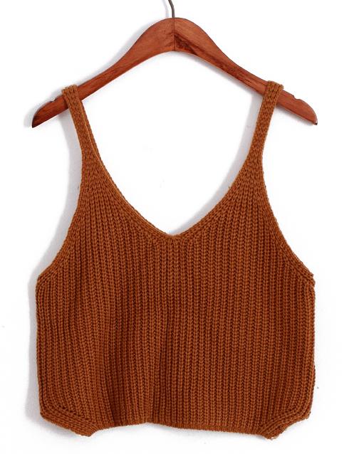 Romwe Spaghetti Strap Crop Knit Khaki Cami Top