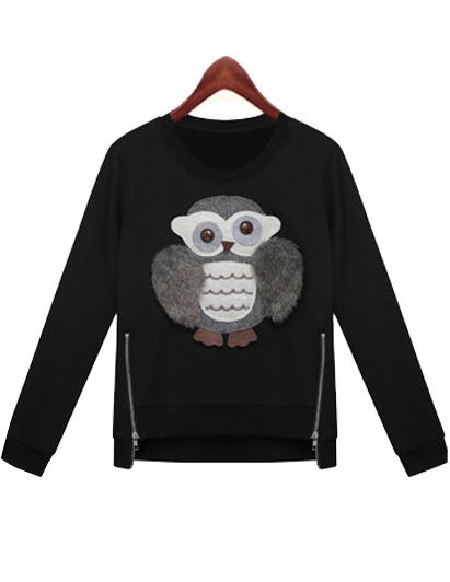 Romwe Owl Pattern Zipper Loose Black Sweatshirt