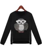 Romwe Owl Pattern Zipper Loose Black Sweatshirt
