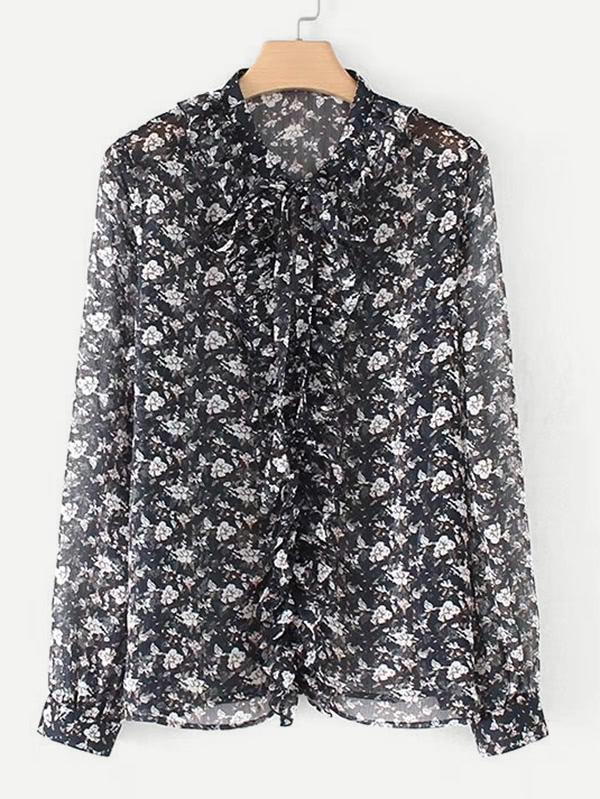 Romwe Tie Neck Ruffle Trim Calico Print Blouse