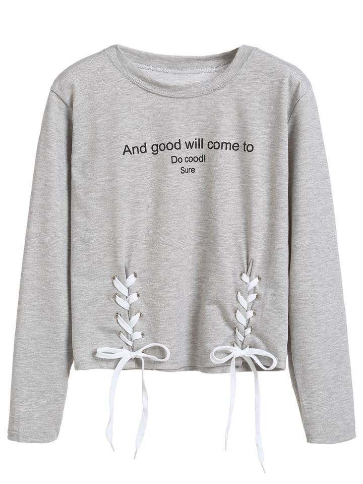 Romwe Heather Grey Letters Print Lace Up Front T-shirt