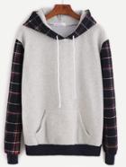 Romwe Grey Plaid Contrast Sleeve Drawstring Hooded Sweatshirt