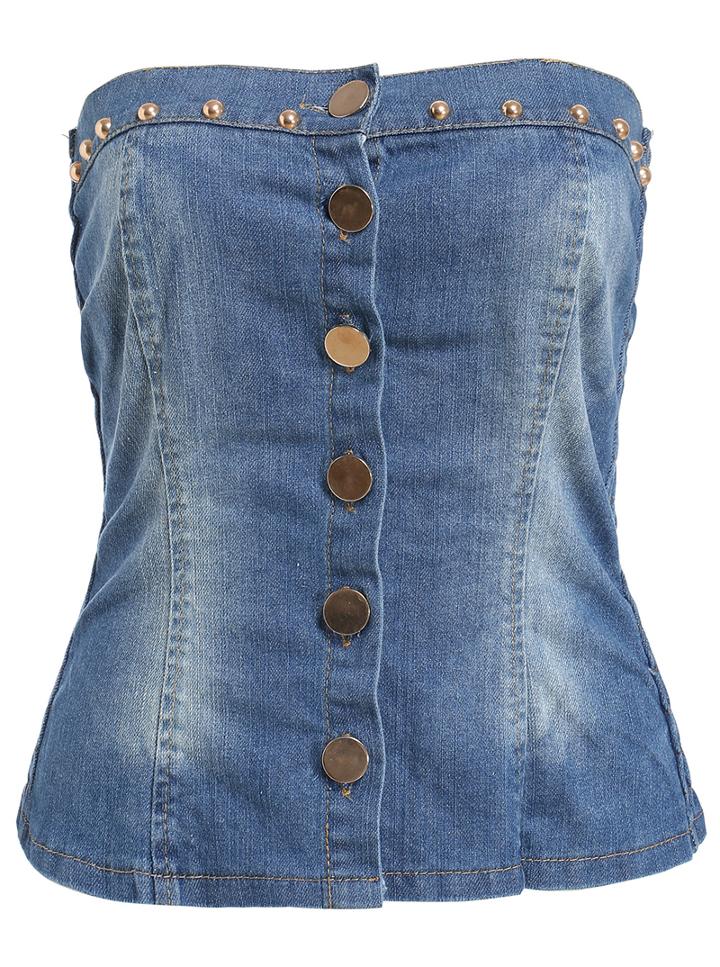 Romwe Strapless With Rivet Buttons Denim Tank Top
