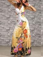 Romwe Yellow Halter V Neck Backless Floral Maxi Dress