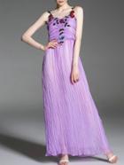 Romwe Purple Spaghetti Strap Backless Pleated Sequined Dress