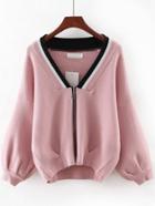 Romwe Pink V Neck Zipper Front Sweater