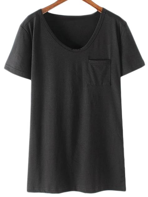 Romwe Black V Neck Short Sleeve Pocket Casual T-shirt